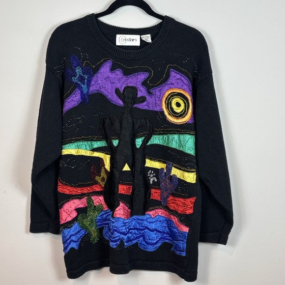 Cedars Sweaters - VTG Cedars 90'S Cowboy Western Beaded Embroidered Oversize Chunky Knit Sweater M